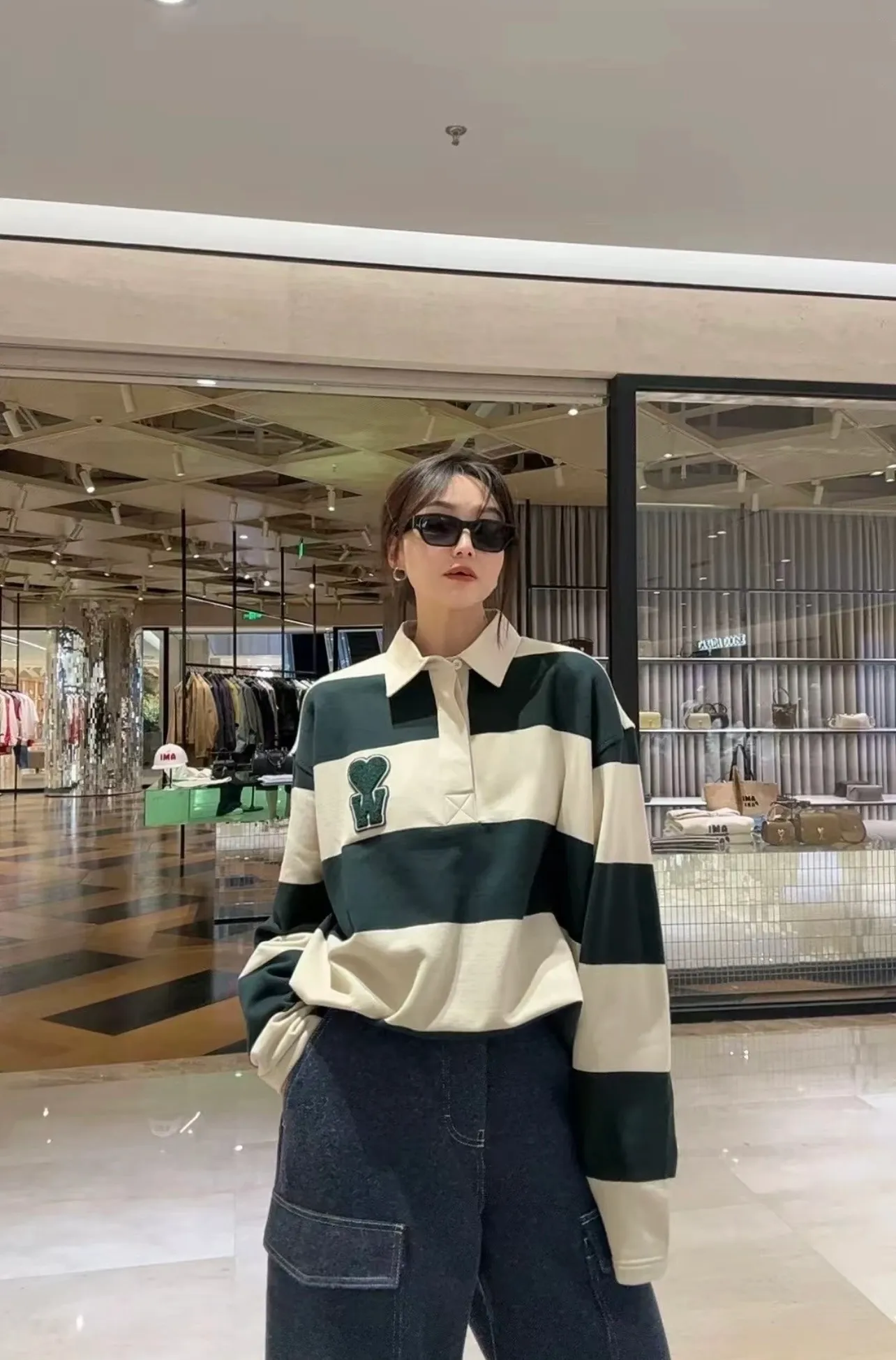 New Arrival In Stock❤️‍🔥 A 9007 #AM style French minimalist green striped lapel long-sleeved pullover Green striped S-XL size 6 A 9007 #22021003